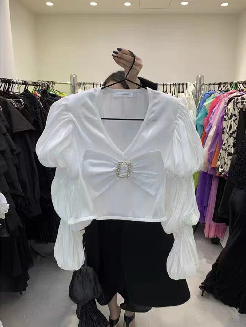 Title 1, Versatile V Neck Blouse With Large Bow And Diam...