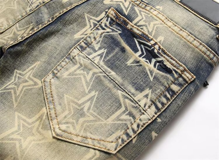 Trendy Printed Denim Suit Men's Stretch Slim Fit Ripped Jacket Top Trendy Patch Pants