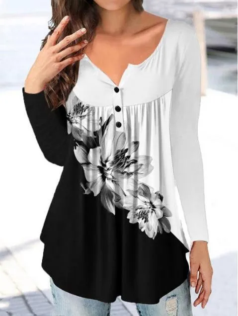 Loose Floral Print Half Open Button Top - 4 Style