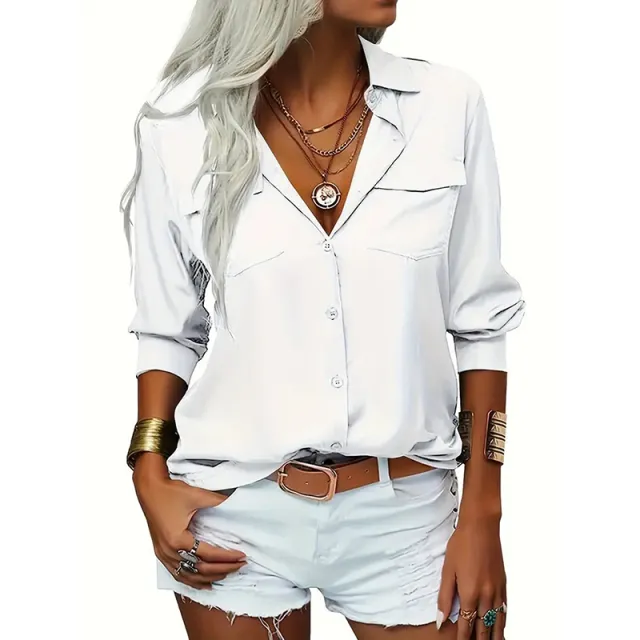 Women's Solid Color Lapel Long Sleeve Shirt Classic Button Down Blouse With Chest Pocket For Spring And Fall White - Shop at LoveMi