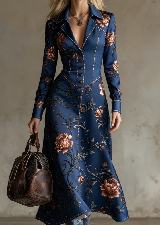 American Retro Style Lapel Fitted Waist Long Shirt Dress For Women