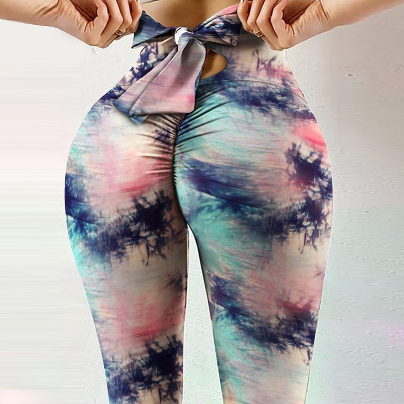 Fitness High elastic Sweat absorbent Digital Printing Bowknot Rope Pants Leggings P1001 Color Tiedye - Shop at LoveMi