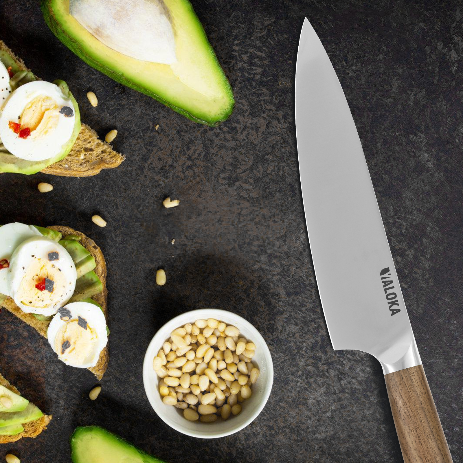 Japanese Chef Knife - 8-Inch Gyuto, Ultra Sharp. PROFESSIONAL CHEF KNIFE - The YALOKA chef knife's simple beauty and practical functionality make it a must-have for every kitchen. Its full handle design, without rivets, balances the vegetable knife for ma