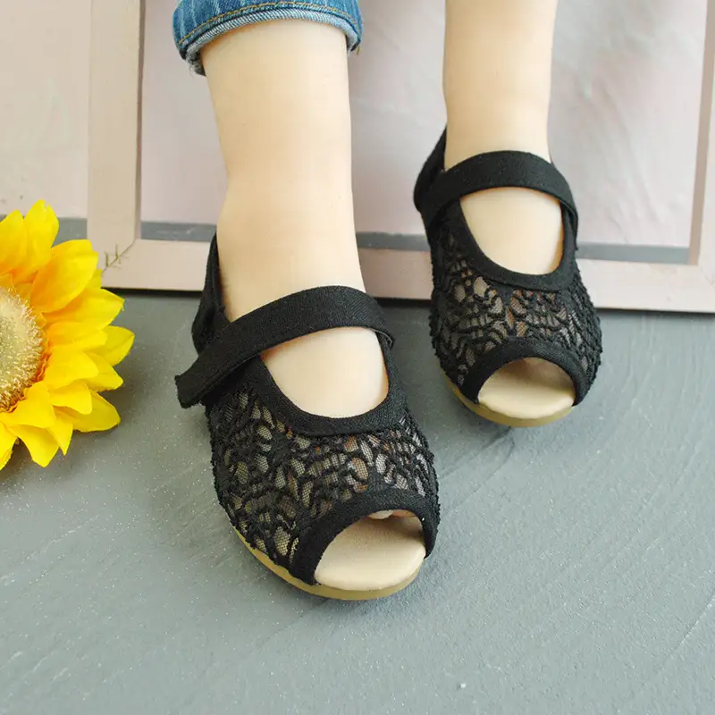 Hollow Lace Flat Girls Net Shoes Korean Version Velcro Baby Fish Mouth Shoes