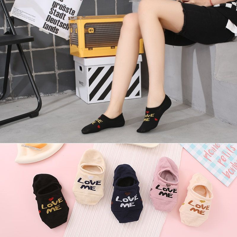 Women's LOVE ME Printed No Show Socks, Cute Letter & Heart Embroidery Liner Socks, Non-Slip Low-Cut Socks For Sneakers & Daily Wear