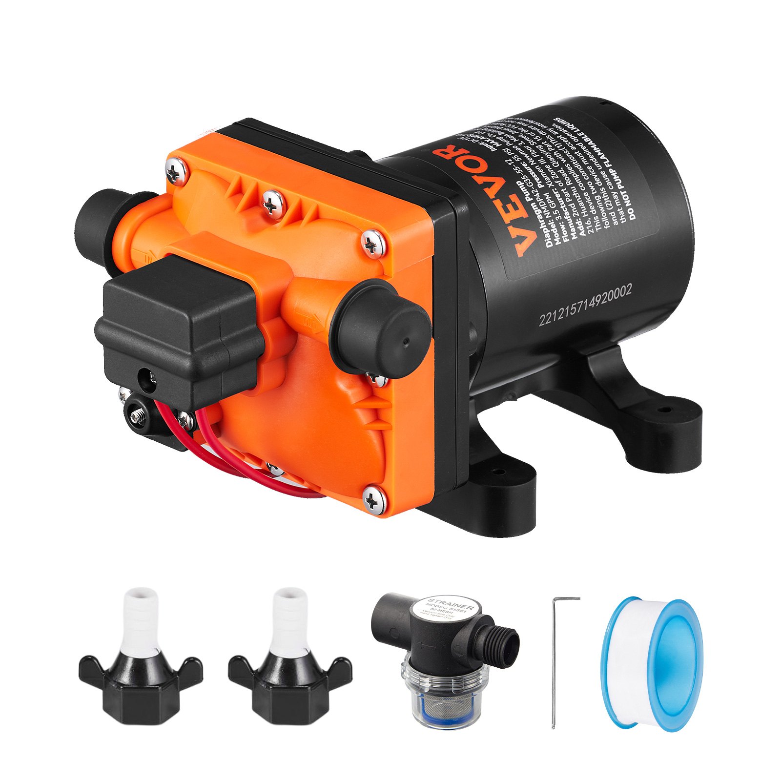 VEVOR Water DiaphragmPump, 12V DC, 3.5 GPM Flow, 55 PSI Rated Pressure 40-80 PSI
