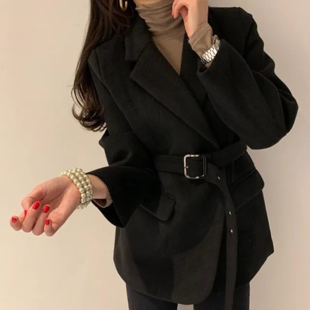 French Retro Suit Collar Two button Slim Long sleeved Cardigan Woolen Coat Black - Shop at LoveMi