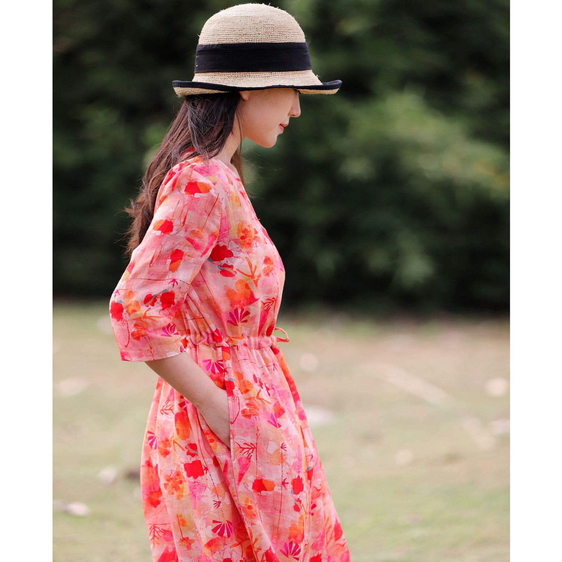 Literary Travel Slimming And Age-reducing Floral Cotton And Linen Large Swing Skirt