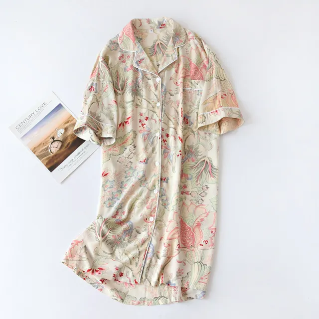 Cotton Sleeping Dress Cool Short Sleeves Ruyi Flower M - Shop at LoveMi