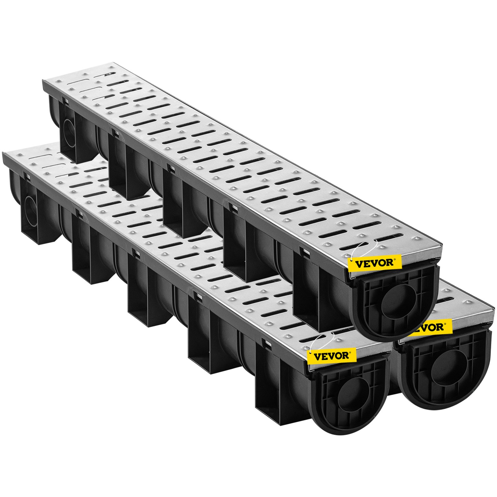 VEVOR Trench Drain System, Channel Drain With Metal Grate, 5.9x5.1-Inch HDPE Drainage Trench, Black Plastic Garage Floor Drain, 3x39 Trench Drain Grate, With 3 End Caps, For Garden, Driveway-3 Pack image 5