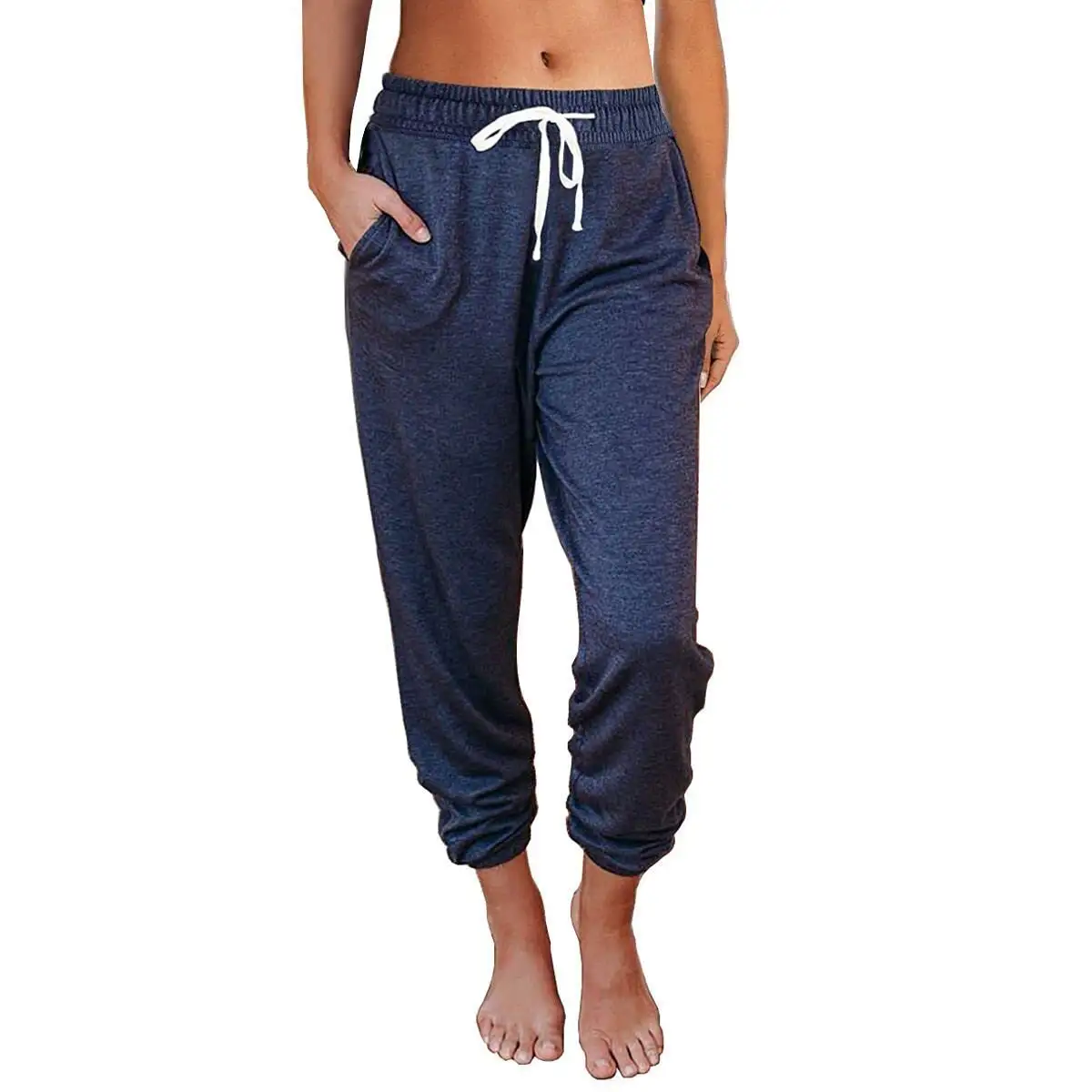 Women's Casual Loose Pocket High Waist Cropped Knee Pants