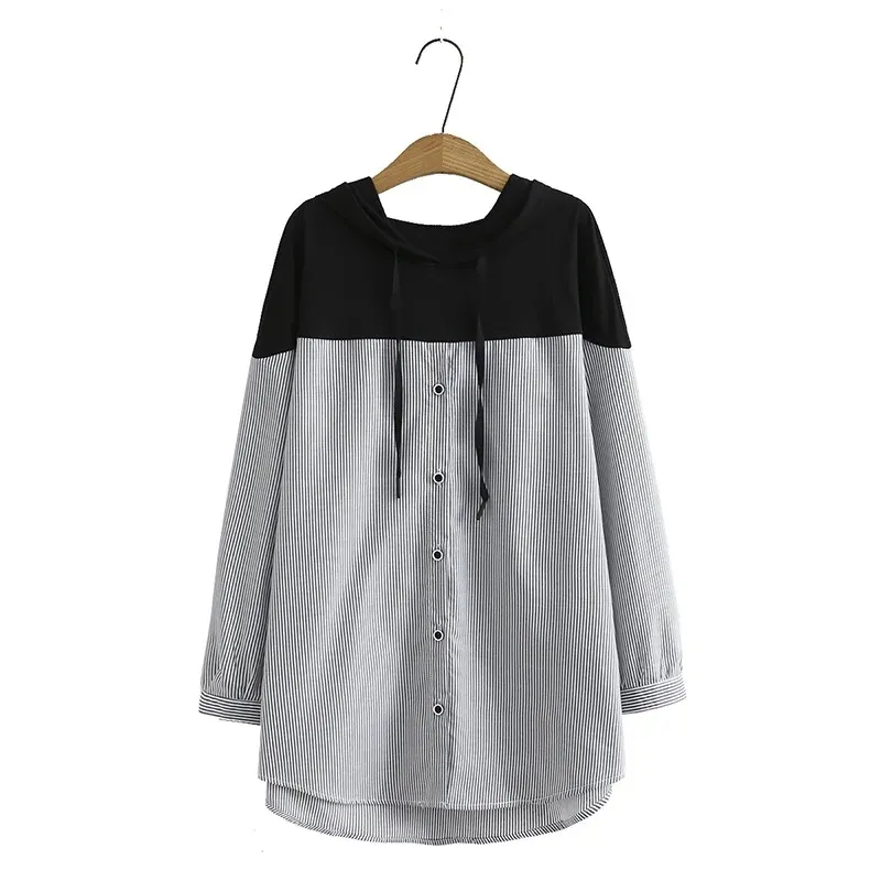 Plus Size Women's Plus Size MM Can Wear Striped Stitching Hooded Shirt Fashion Loose Casual A33 - Black