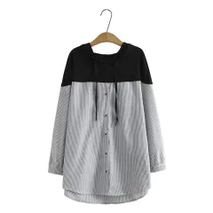 Plus Size Women's Plus Size MM Can Wear Striped Stitching Hooded Shirt Fashion Loose Casual A33 - Black - View 1