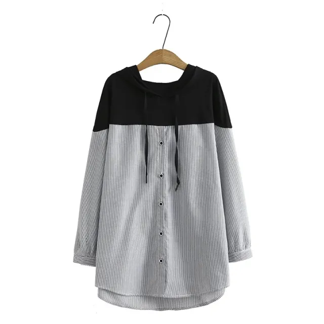 Plus Size Women's Plus Size MM Can Wear Striped Stitching Hooded Shirt Fashion Loose Casual A33 Black - Shop at LoveMi