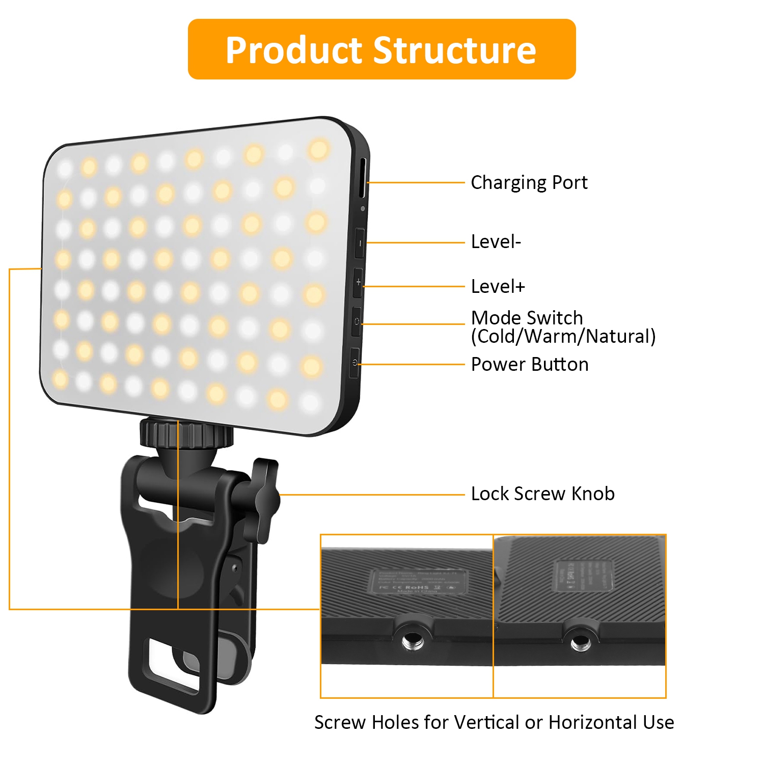1Pc Rechargeable Selfie Light Fill Light 2000mAh Portable Clip On Light With 3 Light Modes 10 Brightness Levels For Phone Laptop Live Stream Make Up Photography