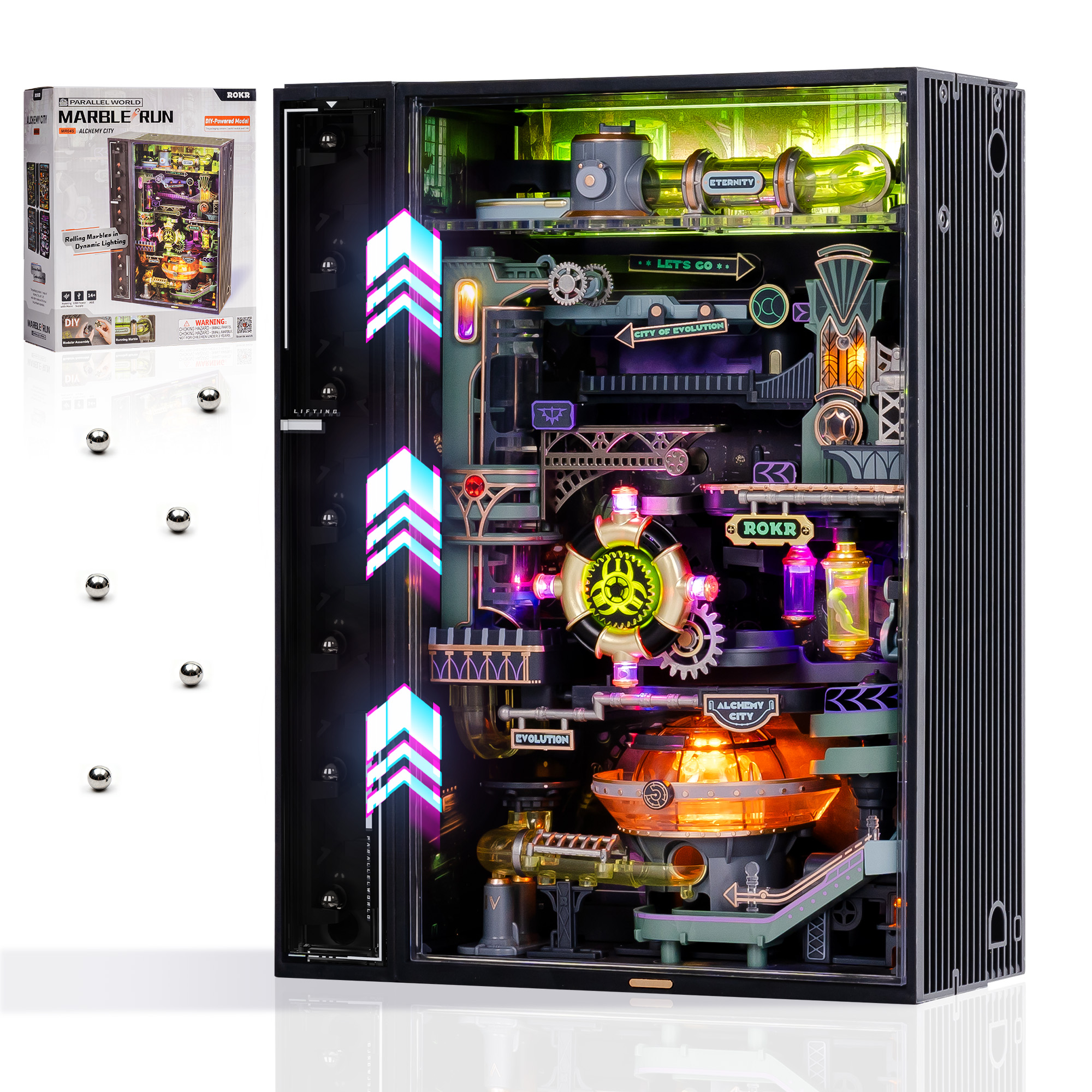 ROKR Parallel World Series - Alchemist's City Pinball Track Model MR04S - 3D Glowing Fantasy Track, Adult Cyberpunk Desktop Ornament, DIY Model Assembly Kit