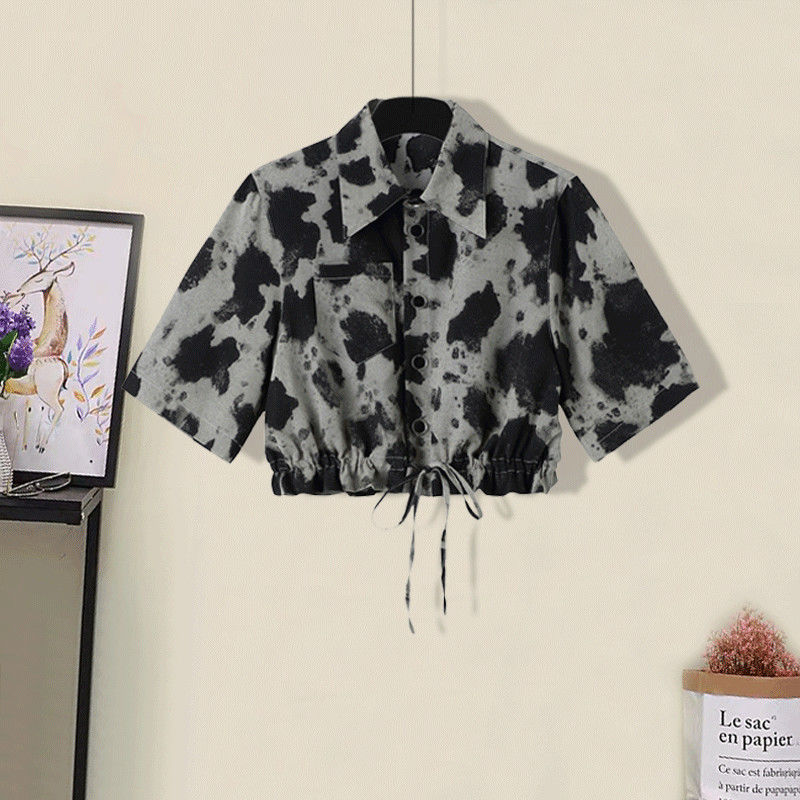 Plus Size Women's Summer Suit Women's New Splash Ink Short Top, Thin High-waisted Wide-leg Pants