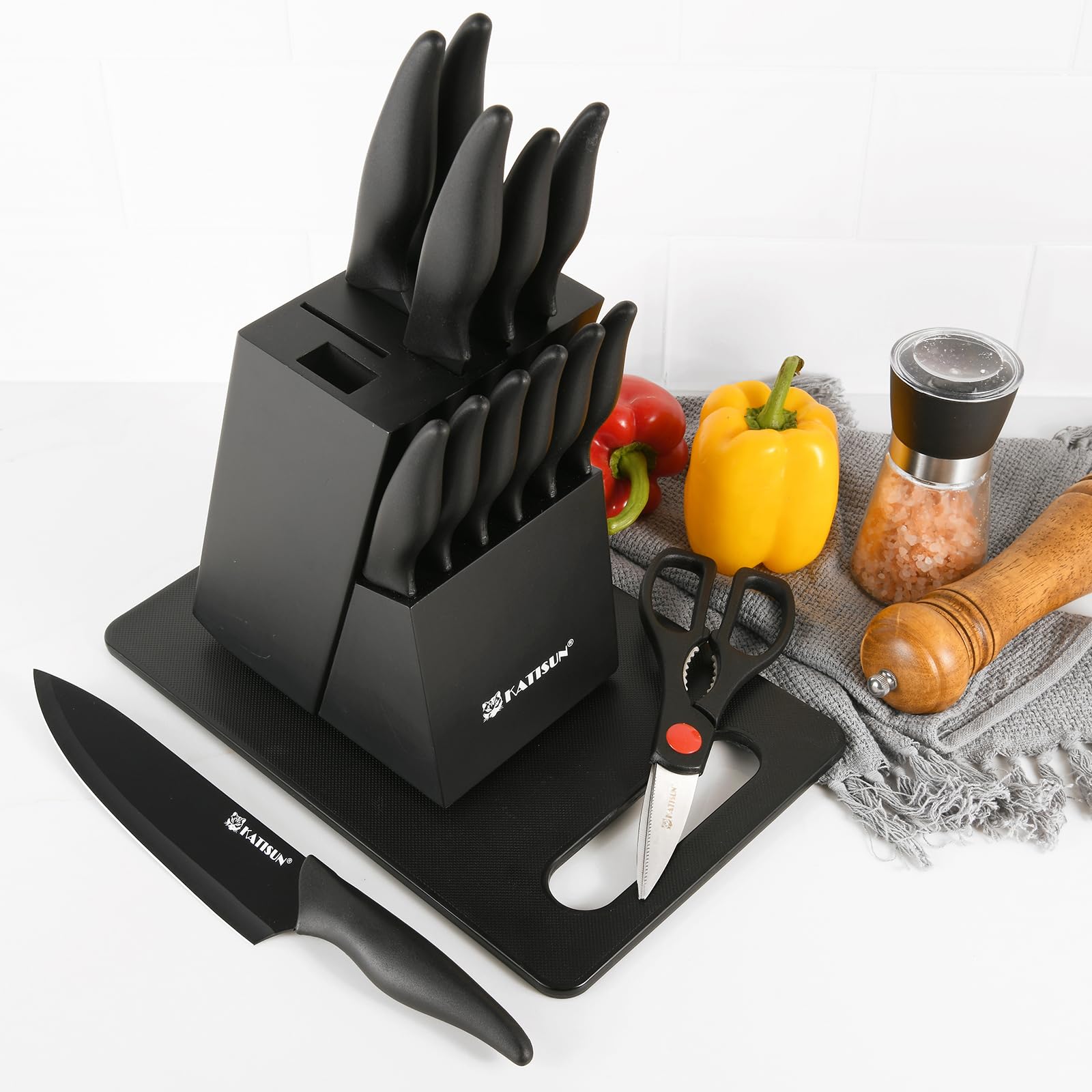16 Pieces Kitchen Knife Block Set With Cutting Board, German Stainless Steel Knife Set With Sharpener, Dishwasher Safe, Anti-Slip Handle, 6 Steak Knives, Black 4