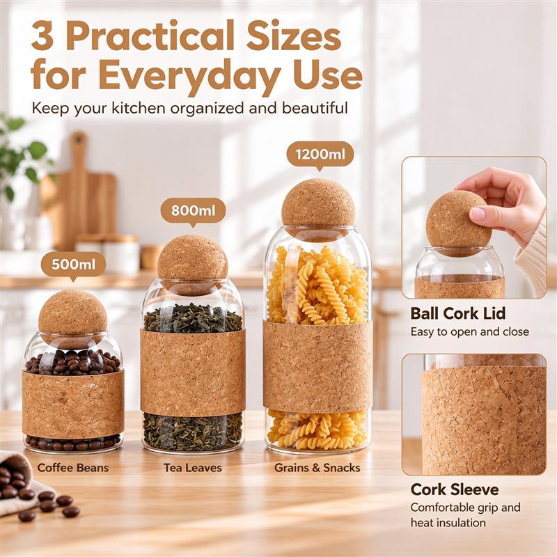 Glass Storage Jar With Ball Cork Lid, Borosilicate Pantry