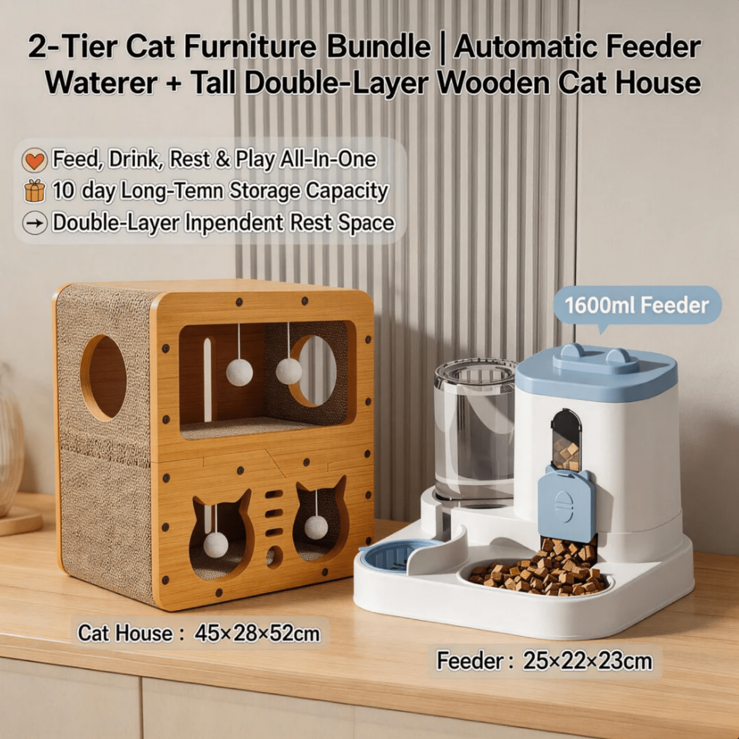 Cat Furniture Combo Set, 3 Style Multi Size Wooden Cat Scratcher House And 2 In One Blue White Automatic Feeder Water Dispenser 1600ml Food 800ml Water, All In One Feed Drink Rest Play Kit