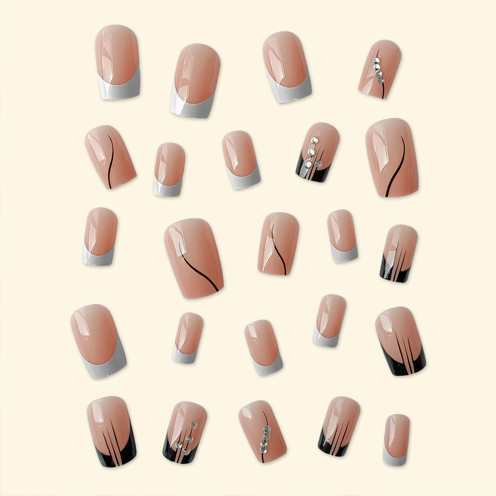 Enhance Your Style 24 Piece Long Square Artificial Nail Pieces With Elegant French Stripes And Glittered Beads Nail Set - Covers All Fingertips - Suitable For Parties,Dance Events And Daily W