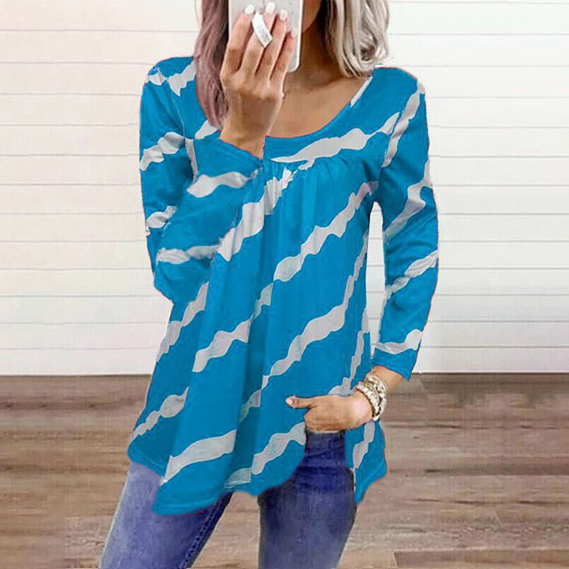 Title 7, Women Top Stripe Print Loose Long Sleeves