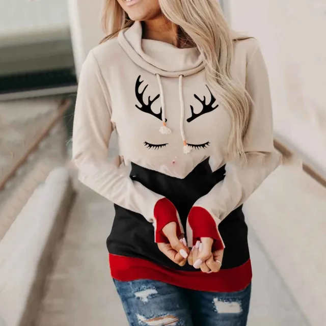 Christmas Stitching Long sleeved Hooded Sweatshirt C M - Shop at LoveMi