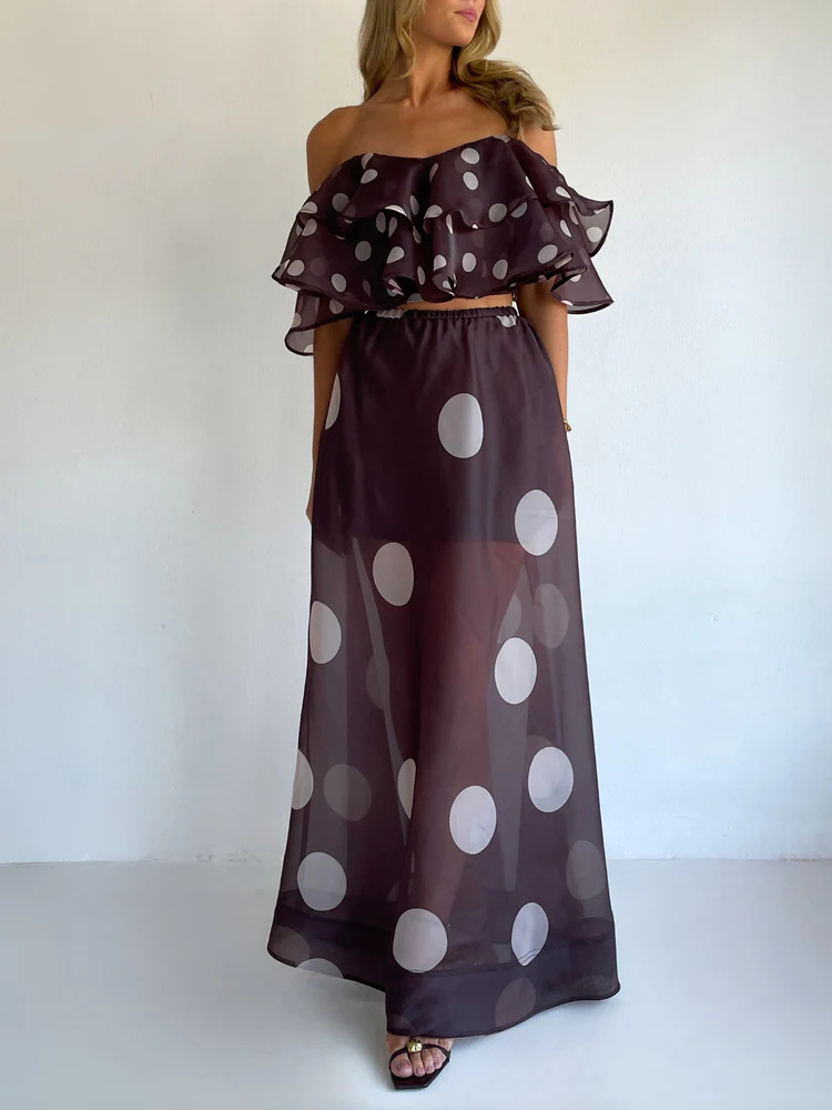 Sexy Strapless Irregular Print Ruffled Fashion Suit Long Dress