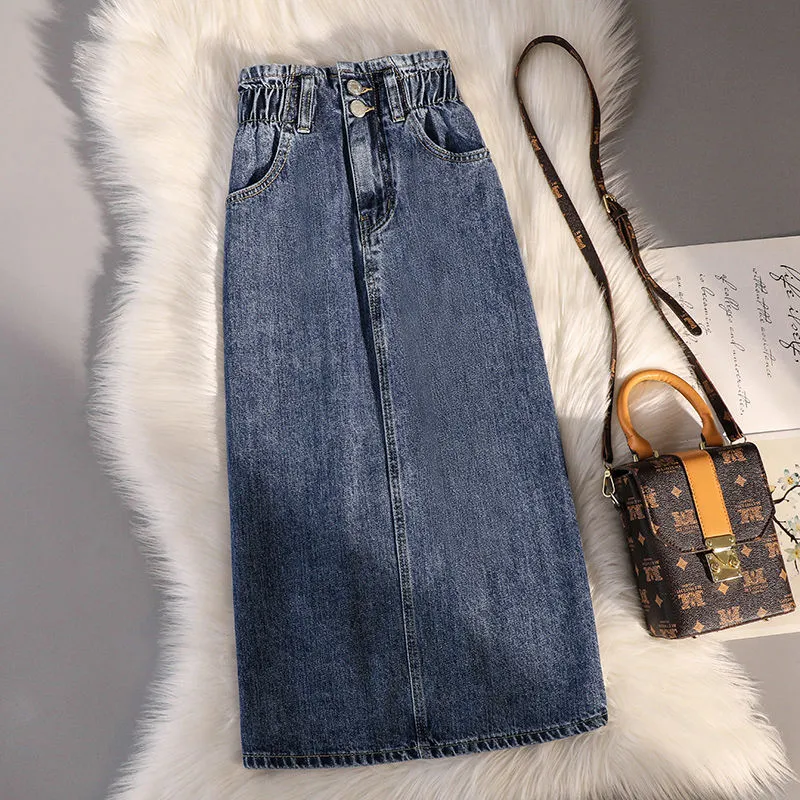 Women's Fashion Elastic High-waisted Knee-length Skirt - Blue