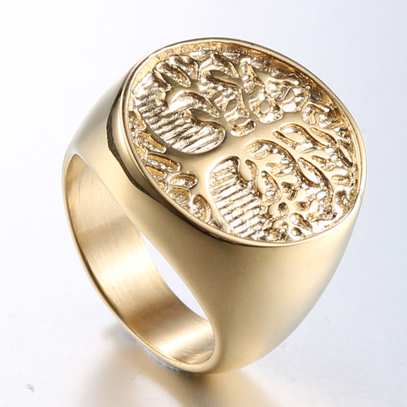 Fashionable Golden Tree Of Life Titanium Steel Ring Personality Men's Punk Ring Ornament