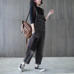 Korean Version Of Large Size Plus Size Sister Thin Wash Jeans Suspenders Women - Black - View 1