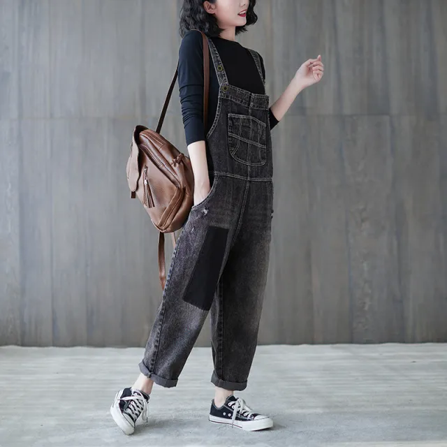 Korean Version Of Large Size Plus Size Sister Thin Wash Jeans Suspenders Women Black - Shop at LoveMi