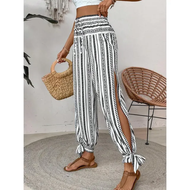 Women's Fashion Striped Long Pants Side Slit Design Trendy Casual Trousers Black - Shop at LoveMi