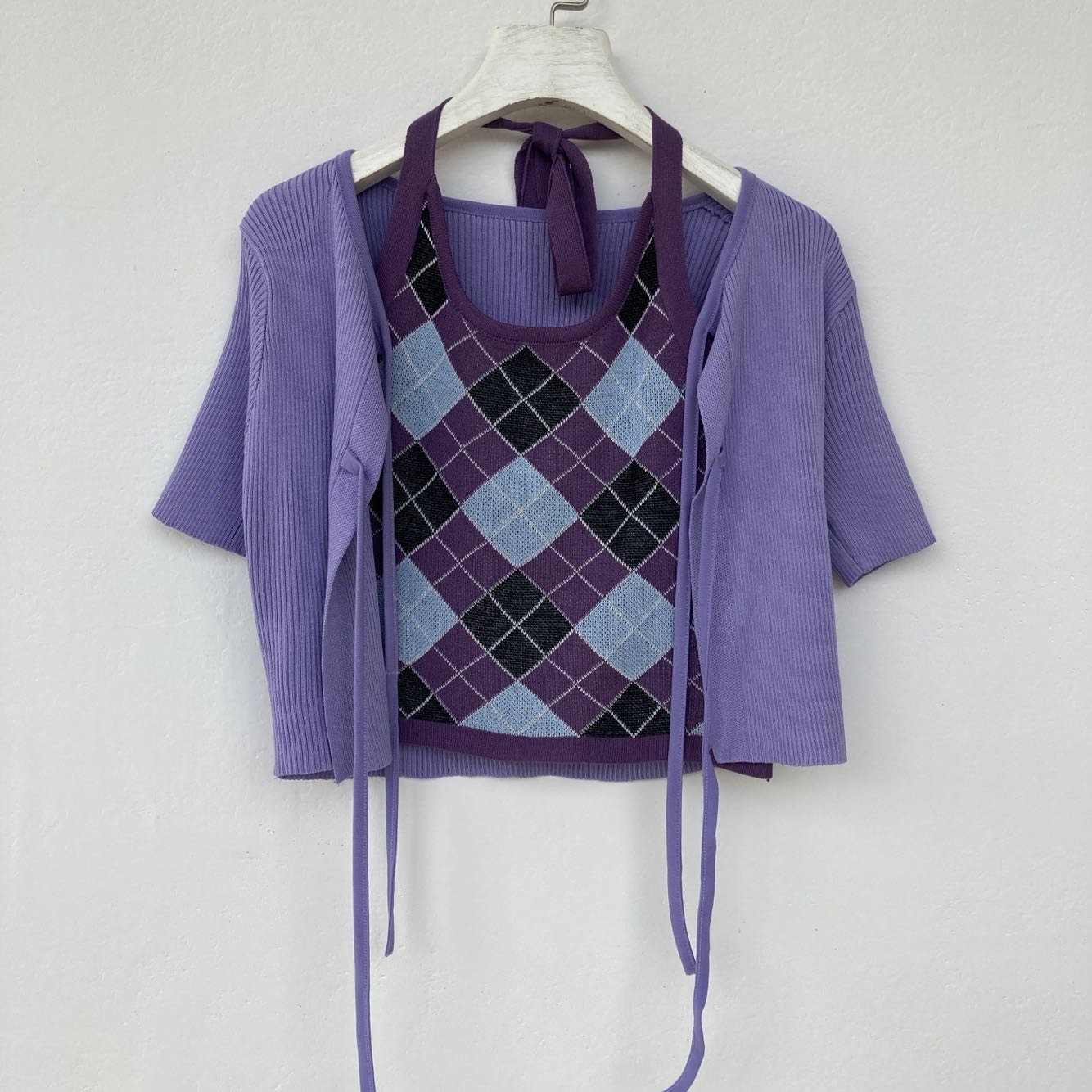 Women's Lace-up Check Knit Short Crop Top