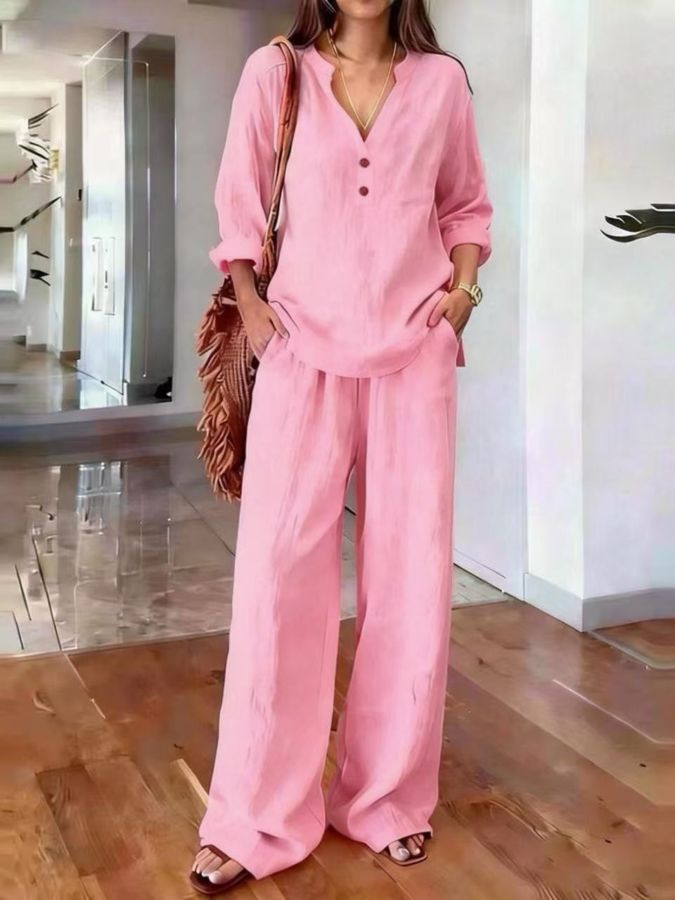 V Neck 2 Button Long Sleeve Top & Wide Leg Pants Two Piece Loungewear Set