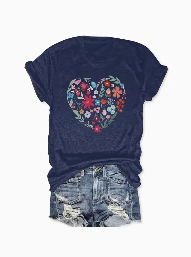 Flowers Printed Round Neck Vest Casual And Loose Daily Wear Women's Clothing Navy Blue - Shop at LoveMi