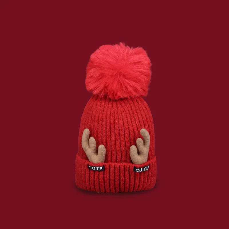 Women's Christmas Antler Knitting Wool Hat - Wine