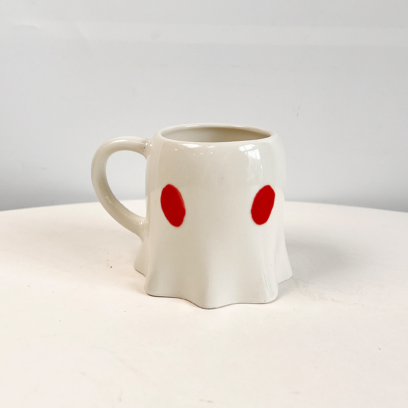 Ghost Ceramic Mug Halloween (Beige black eyes)