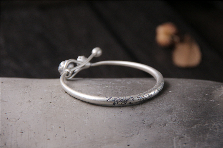 Sterling Silver Carved Small Fish Bracelet Retro Ethnic Style