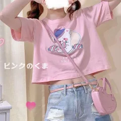 Cute And Sweet Japanese Girl Short-sleeved T-shirt Female Loose And Thin High-waist All-match Short Crop Top - Pink - View 1