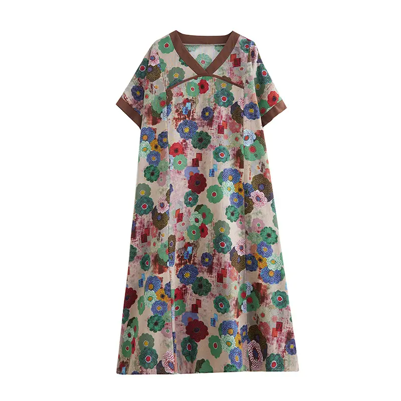 Women's Plus Size Retro V-neck Loose And Slim Cotton And Linen Dress
