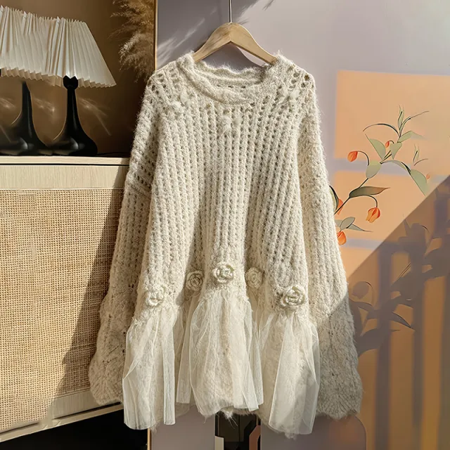 Plus Size Women's Solid Color Round Neck Long Sleeve Sweater Elegant Loose Fit With 3D Flowers And Lace Decoration Apricot - Shop at LoveMi
