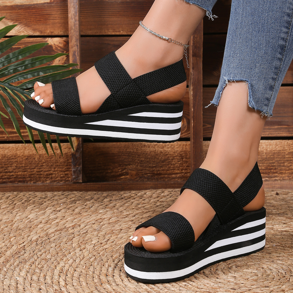 New Arrival Women Solid Color Elastic Knit Back Strap Platform Wedge Soft Sole Sandals, Plus Size Available product image