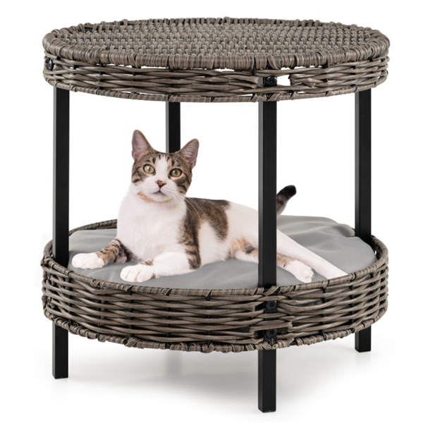 2-Tier Rattan Cat Bed - Washable Padded Cushion, Metal Legs 66 Lbs Total Capacity, Gray Finish