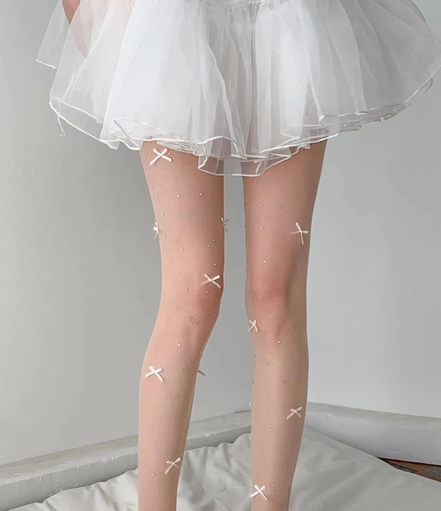 Sheer White Bow Rhinestone Tights, Cute Coquette Pearl Pantyhose, Sparkle Bow Detail Sheer Stockings For Y2K Lolita Outfits