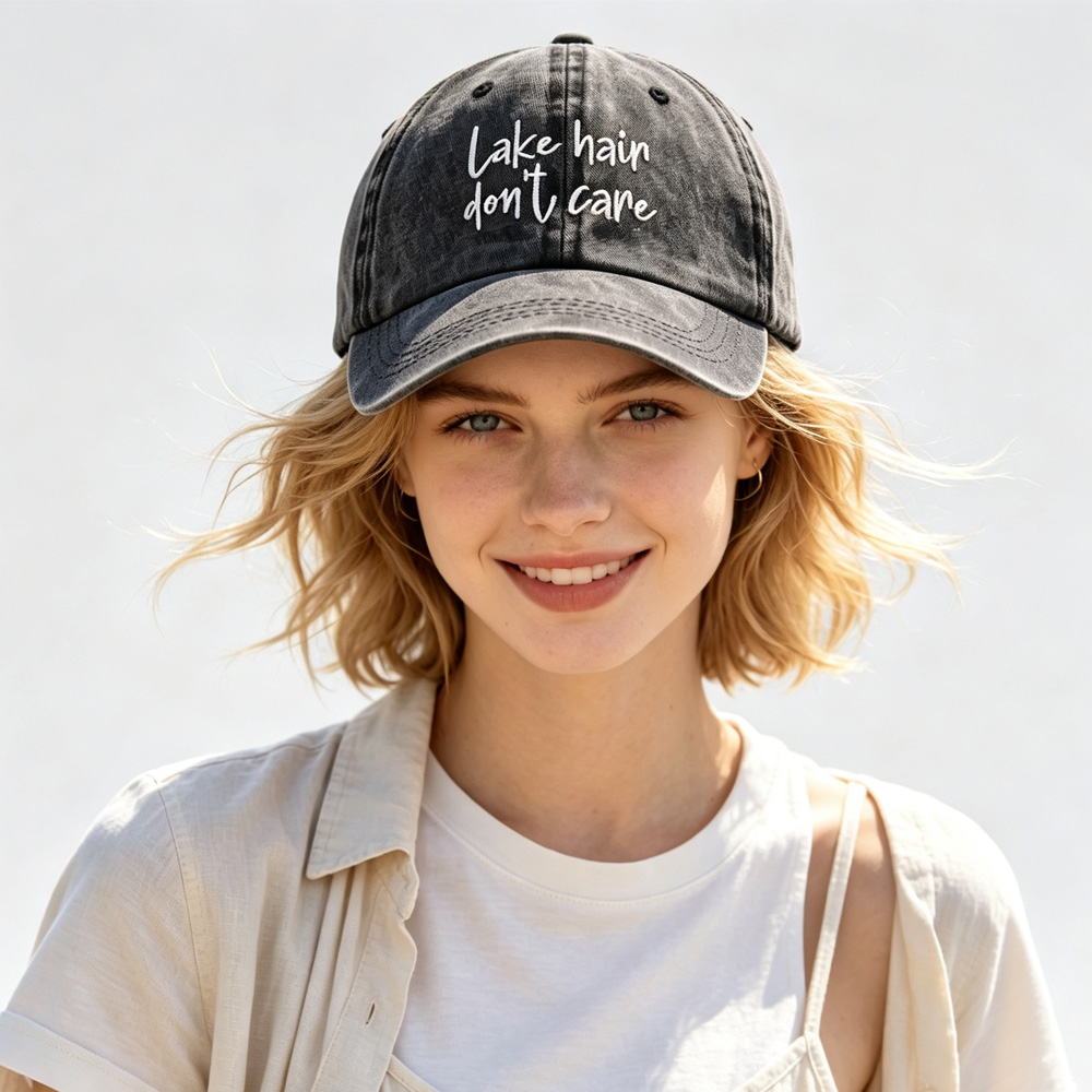 2pcs Lake Hair Washed Black Baseball Cap , Lake Hair Don't Care Embroidery Vintage Distressed Hat Summer Casual Lake Trip Hat — foto 4