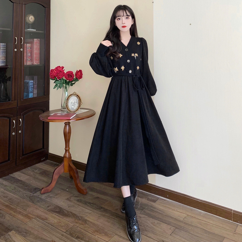 V neck Panel Flower Embroidery Vintage Dress Black - Shop at LoveMi