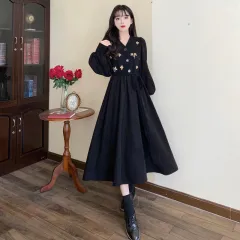 V-neck Panel Flower Embroidery Vintage Dress - Black - View 1