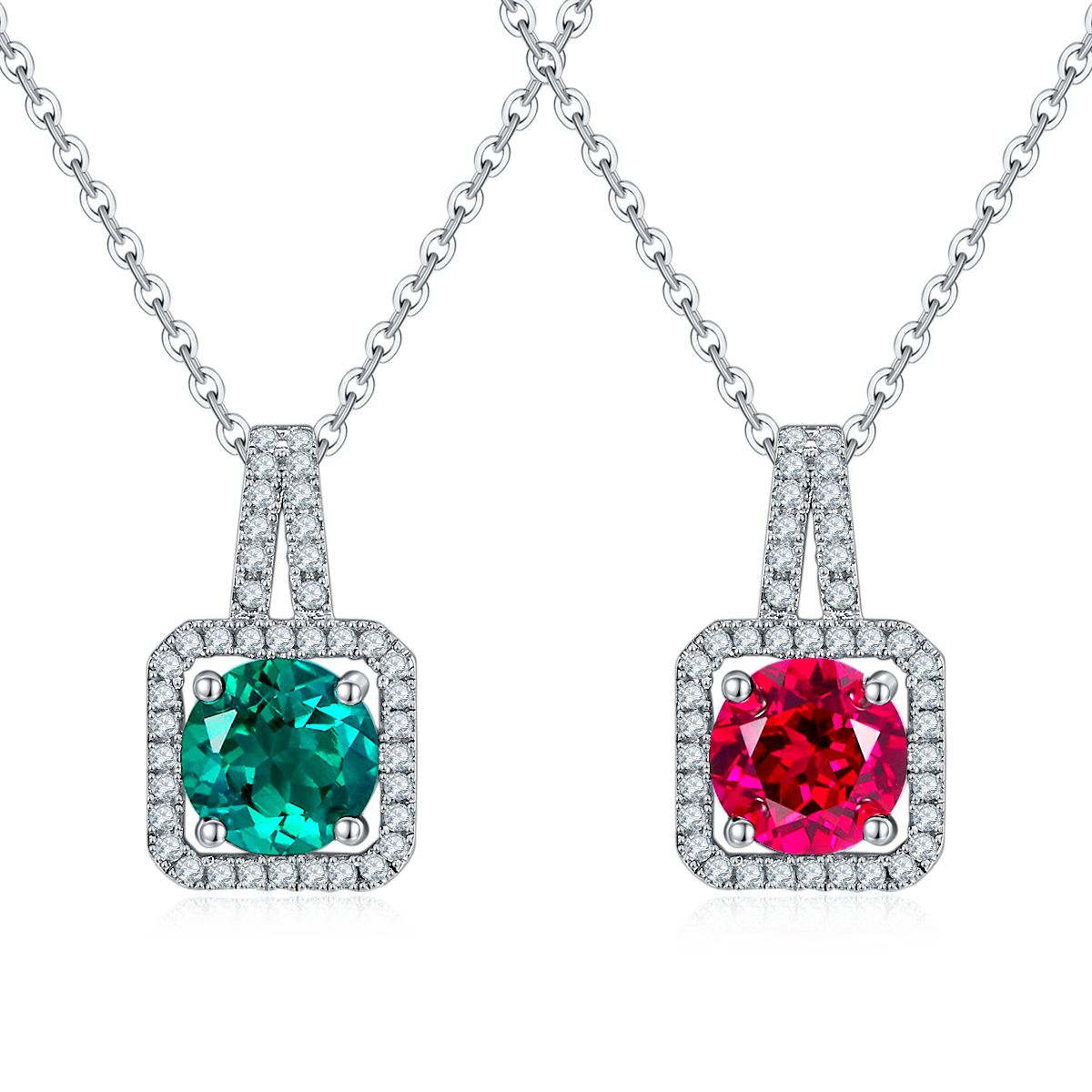 S925 Sterling Silver 2ct Lab-Grown Ruby Emerald Pendant Necklace, Platinum Plated Square Halo With Split Pave Bail, Women's Fine Jewelry Gift Box