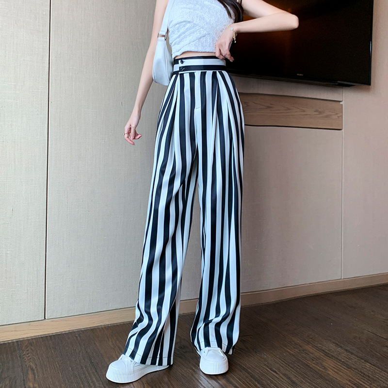 Women's New Vertical Striped Casual Loose Suit Wide Leg Pants White - Shop at LoveMi